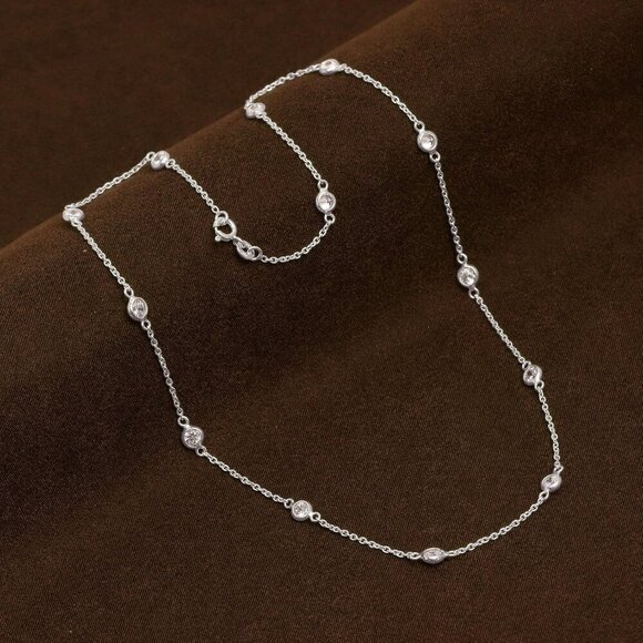 925 Sterling Silver CZ Station Necklace for Women | Italian Round Cubic Zirconia - Picture 4 of 6